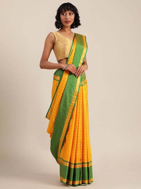 Vastranand Mustard Chaquered Saree With Unstitched Blouse Price in India