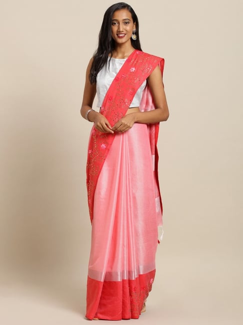 Vastranand Pink & Red Saree With Unstitched Blouse Price in India