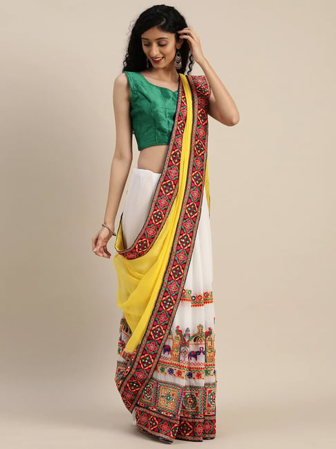 Vastranand Yellow & White Embroidered Saree With Unstitched Blouse Price in India