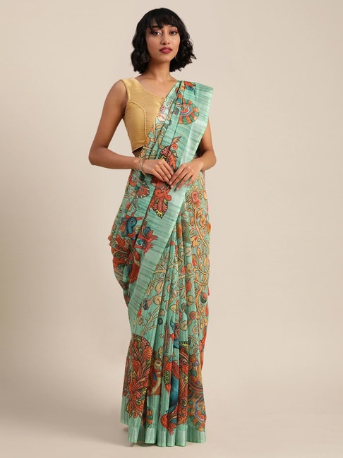 Vastranand Cyan Blue Linen Printed Saree With Unstitched Blouse Price in India