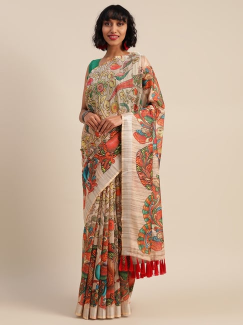 Vastranand Cream Linen Printed Saree With Unstitched Blouse Price in India