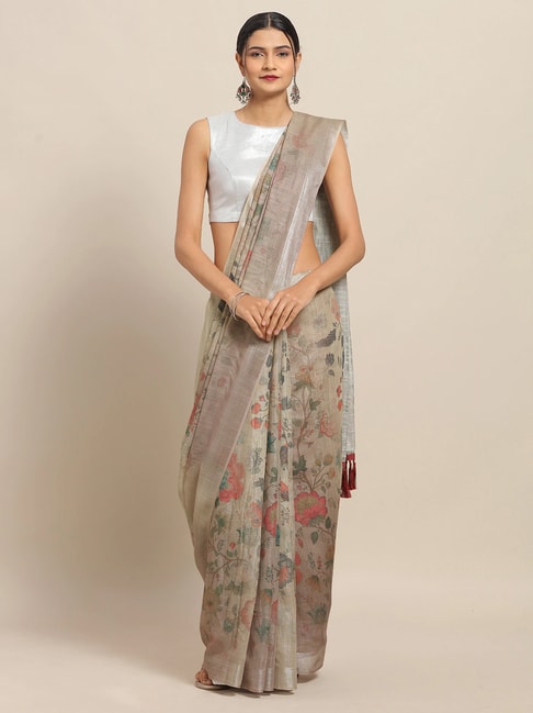 Vastranand Grey Floral Print Saree With Unstitched Blouse Price in India