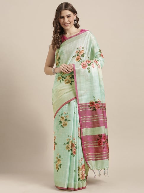 Vastranand Sea Green Floral Print Saree With Unstitched Blouse Price in India