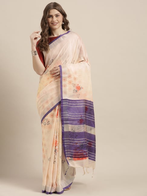 Vastranand Cream Floral Print Saree With Unstitched Blouse Price in India