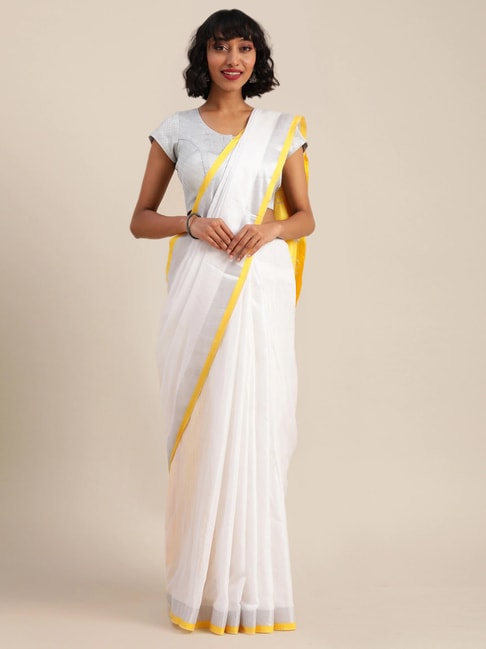 Vastranand White & Yellow Linen Saree With Unstitched Blouse Price in India
