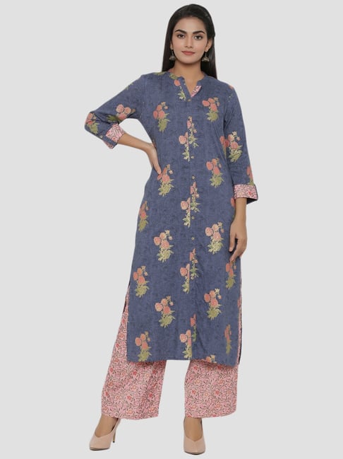 Rangmayee Blue & Pink Floral Print Kurta Palazzo Set