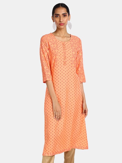 Karigari by Unlimited Orange Printed Straight Kurta