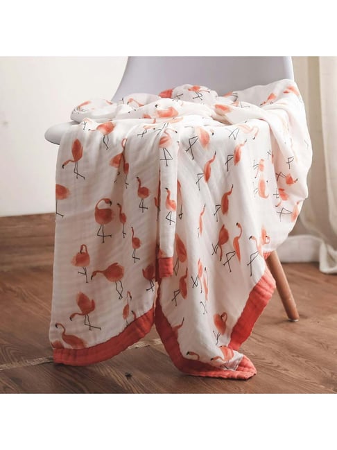 Elementary 100% Organic Muslin Cotton Reversible Dohar Blanket Flamingo Print - Pink (140*100cm)