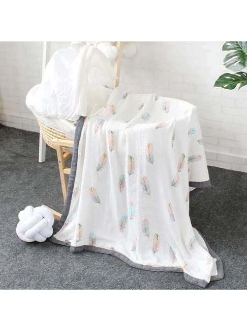 Elementary 100% Organic Muslin Cotton Reversible Dohar Blanket Feather Print - Multicolor (140*100cm)