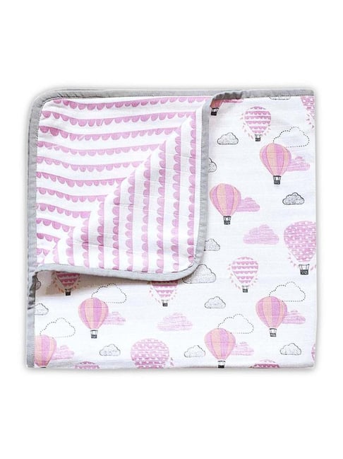 Elementary 100% Organic Muslin Cotton Reversible Dohar Blanket Hot Air Balloon Print - Pink & White (140*100cm)