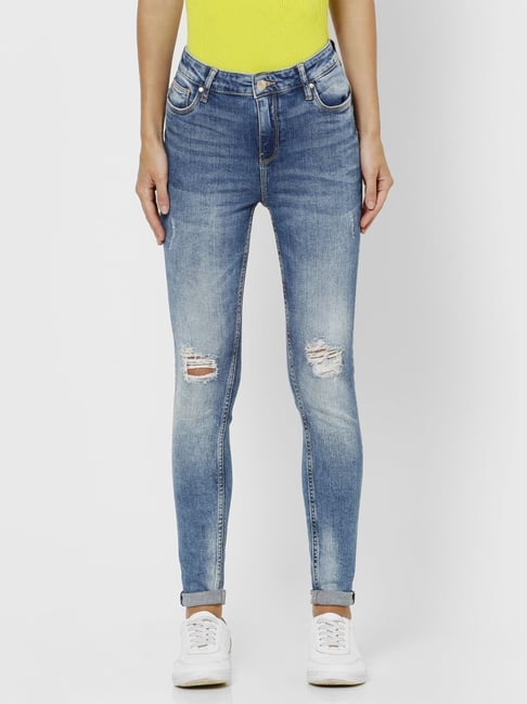 Only Blue Cotton Distressed Pattern Jeans