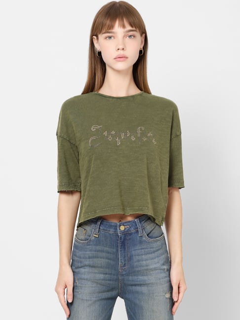 Only Green Cotton Printed T-Shirt