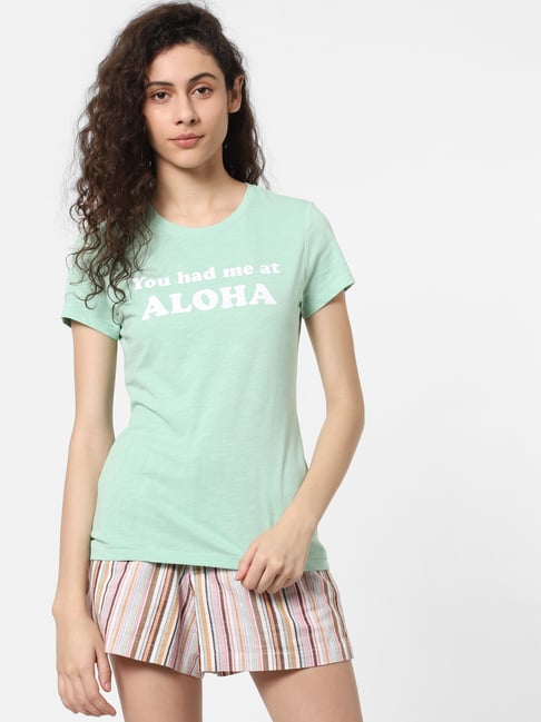 Only Green Cotton Printed T-Shirt