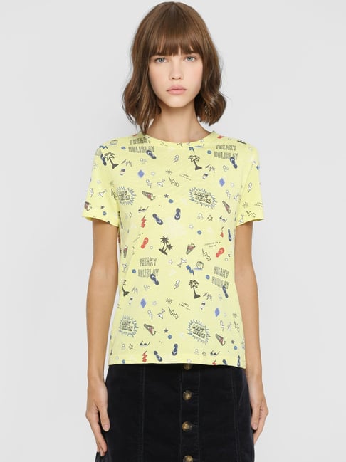 Only Yellow Cotton Printed T-Shirt