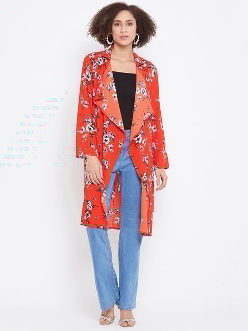 Buy MADAME Orange Floral Print Longline Shrug for Women Online