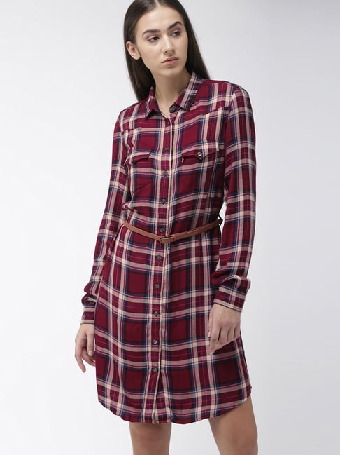 Buy Levi's Red Cotton Plaid Pattern Shirt Dress for Women Online