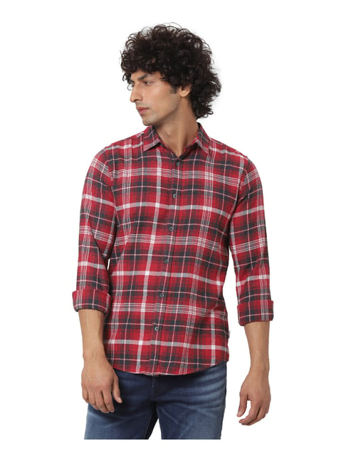 Jack & Jones Red Cotton Slim Fit Checks Shirt