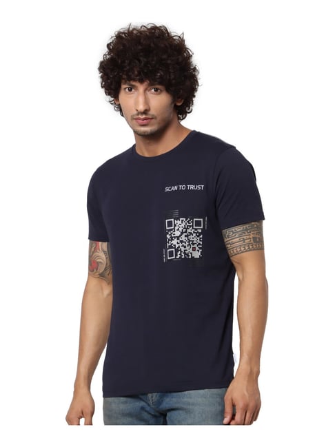 Jack & Jones Navy Cotton Slim Fit Printed T-Shirt