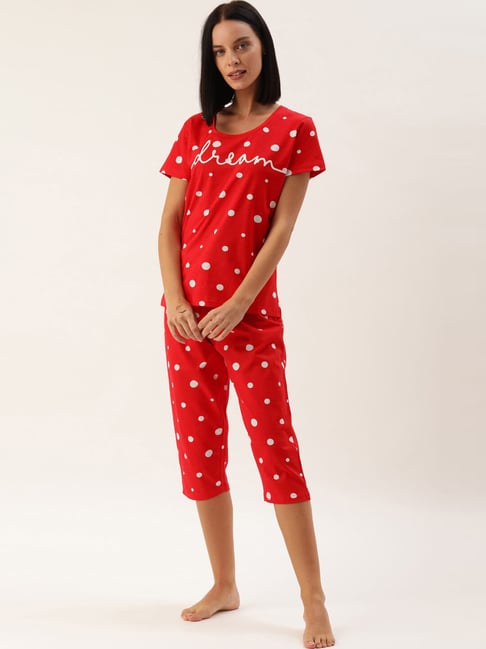 Slumber Jill Red Cotton Polka Dot Top Capri Set