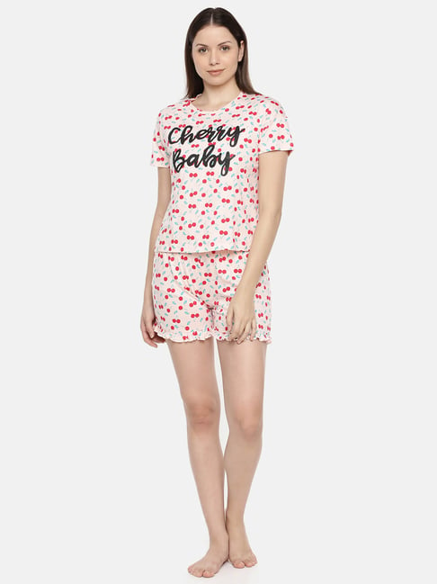 Slumber Jill Peach Cotton Printed Top Shorts Set