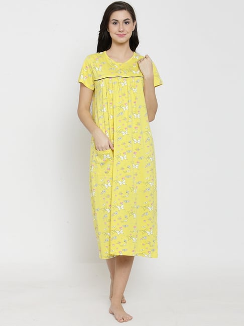 Women's Printed Knee Length Sleepshirt/ Night Shirt Dress - Yellow