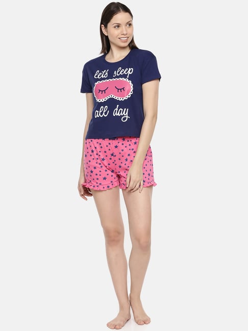 Slumber Jill Blue & Pink Cotton Printed Top Shorts Set