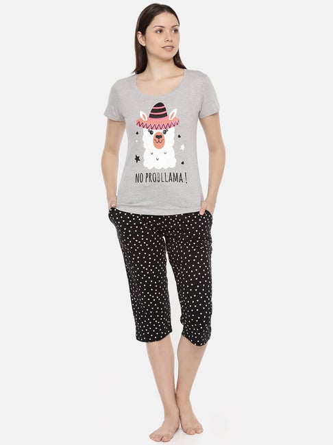 Slumber Jill Grey & Black Cotton Printed Top Capri Set