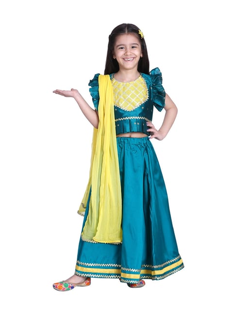 BownBee Jacquard Flared Sleeve Top with Silk Lehenga with Dupatta- Gre –  BownBee - Styling Kids The Indian Way