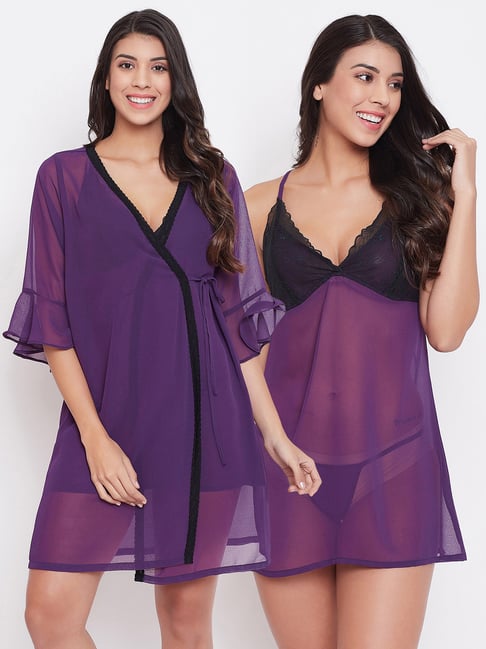 Clovia Purple Babydoll With Thong & Robe