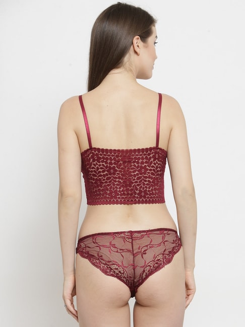Buy PrettyCat Elegant Lace Non Wired Bra Panty Set - Maroon online