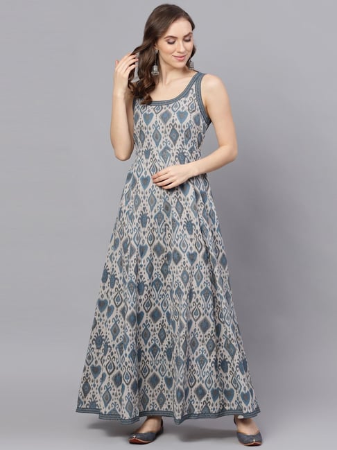 Aks Grey Cotton Printed Maxi Dress Price in India