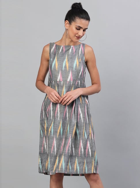 Aks Grey Cotton Printed A-Line Dress Price in India