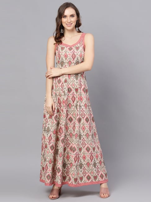 Aks Cream & Pink Cotton Printed Maxi Dress