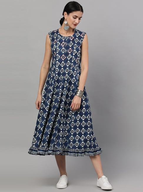 Aks Navy Cotton Printed A-Line Dress