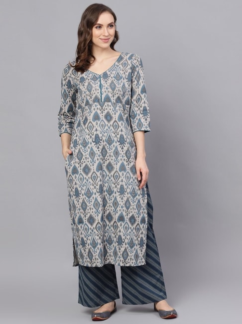 Aks Blue Cotton Printed Kurta Pant Set Price in India