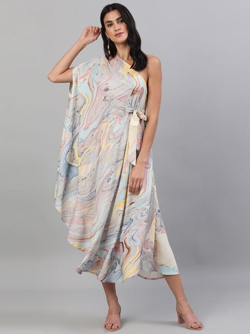 Aks Grey Blended Printed Asymmetric Dress Price in India