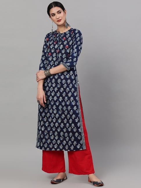 Aks Navy Cotton Printed Straight Kurta