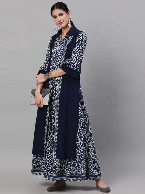 Aks Navy Cotton Printed Dress Jacket Set