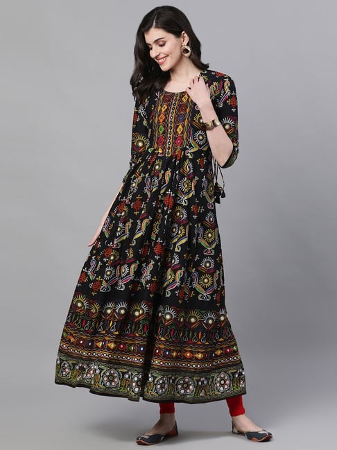 Ishin Black Cotton Embellished A Line Kurta Price in India