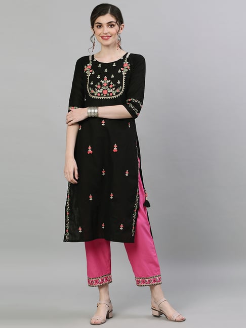 Ishin Black Cotton Embroidered Straight Kurta Price in India