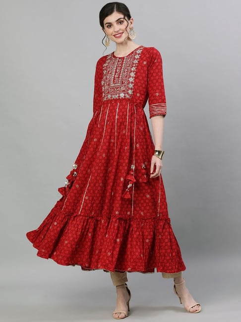 Ishin Red Cotton Embroidered Anarkali Kurta