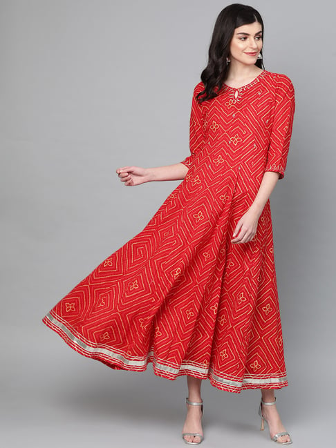 Ishin Red Cotton Printed Anarkali Kurta Price in India