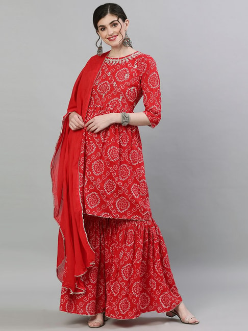 Ishin Red Cotton Embroidered Kurta Sharara Set With Dupatta Price in India