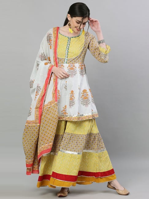 Ishin White & Yellow Cotton Printed Kurti Sharara Set With Dupatta