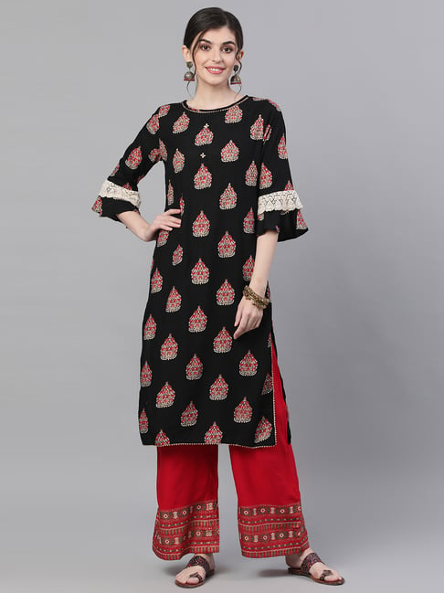 Ishin Black & Red Embroidered Kurta Pant Set Price in India