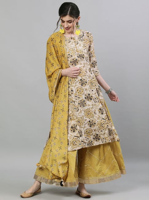 Ishin Beige & Yellow Embroidered Kurta Sharara Set With Dupatta