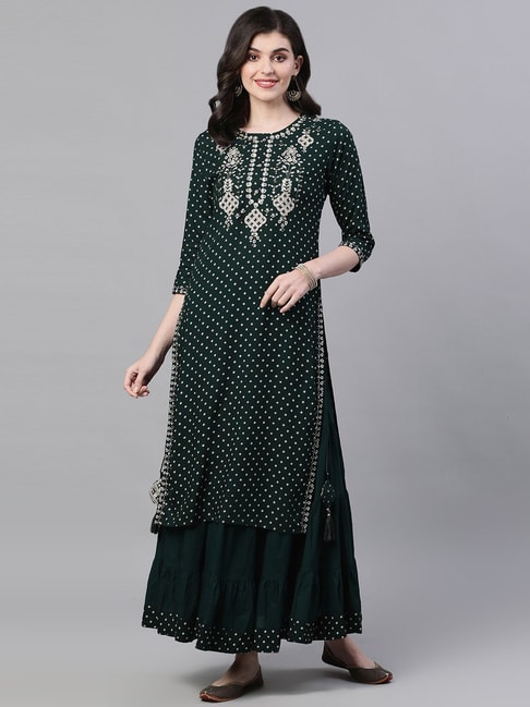 Ishin Green Embroidered Kurta Skirt Set Price in India