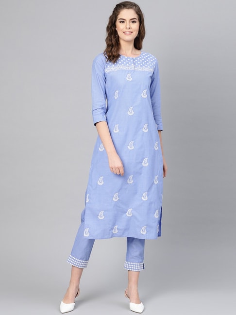 Ishin Blue Cotton Embroidered Kurta Pant Set Price in India