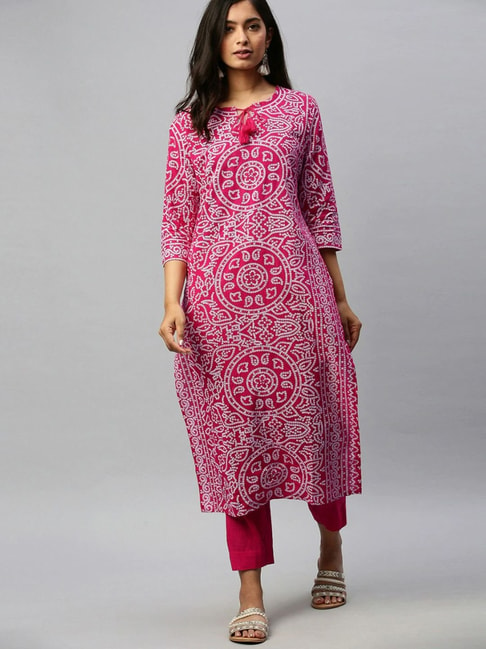Ishin Pink Cotton Embroidered Kurta Pant Set Price in India