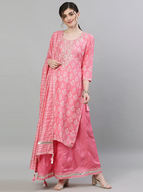 Ishin Pink Embroidered Kurta Sharara Set With Dupatta & Mask Price in India